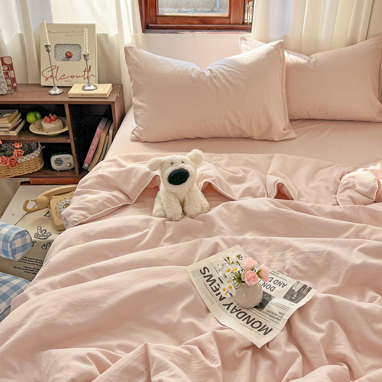 91家纺网 家纺一手货源 找家纺 冕悠家纺 2026春夏新款A类高克重超级无敌柔软水洗棉拼色夏被空调被夏凉被四件套 藕粉-夏凉被