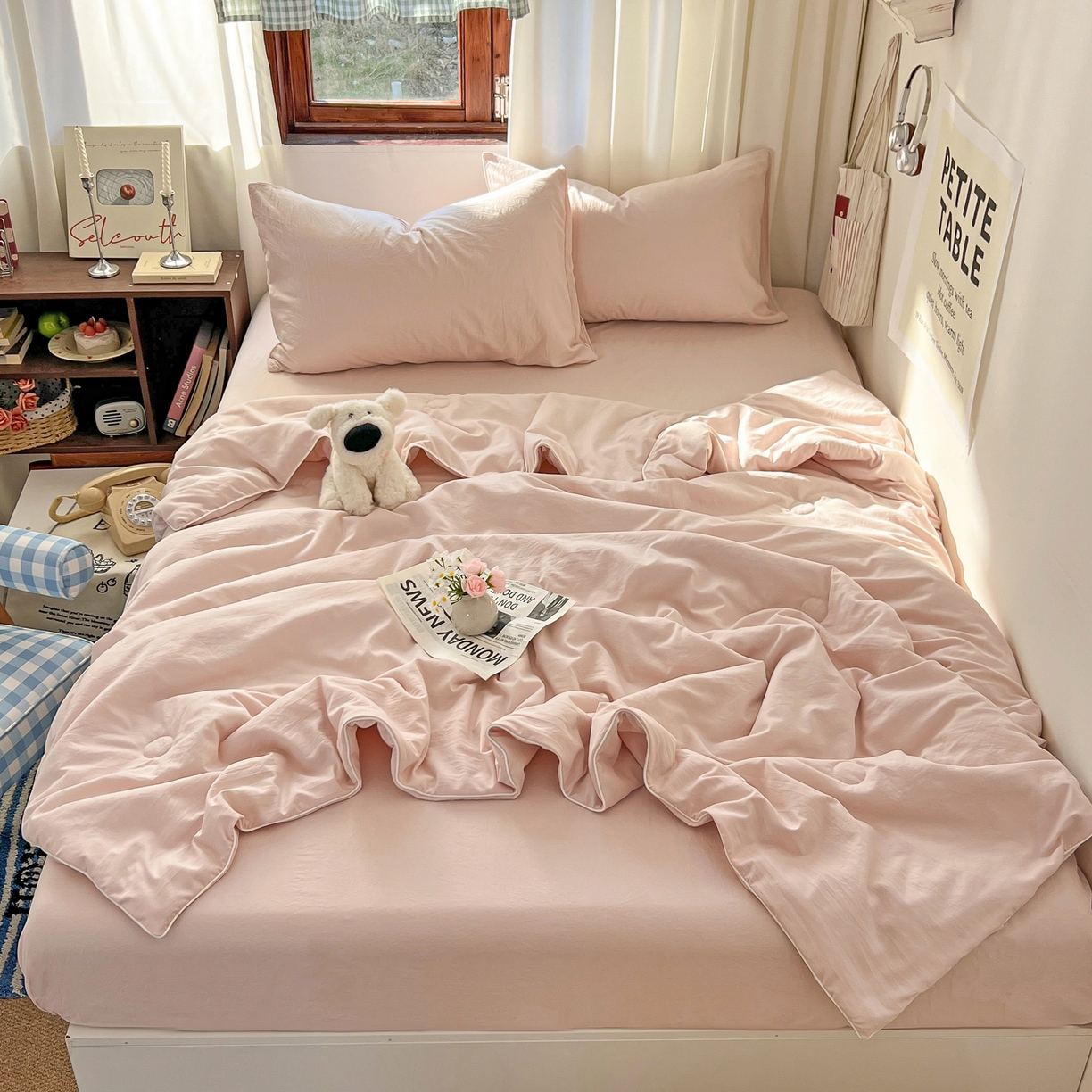 91家纺网 家纺一手货源 找家纺 冕悠家纺 2026春夏新款A类高克重超级无敌柔软水洗棉拼色夏被空调被夏凉被四件套 藕粉-夏凉被