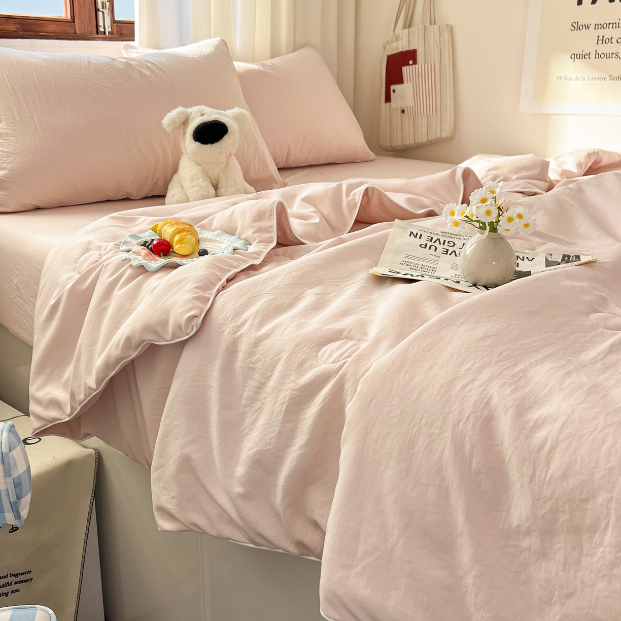 91家纺网 家纺一手货源 找家纺 冕悠家纺 2026春夏新款A类高克重超级无敌柔软水洗棉拼色夏被空调被夏凉被四件套 藕粉-夏凉被