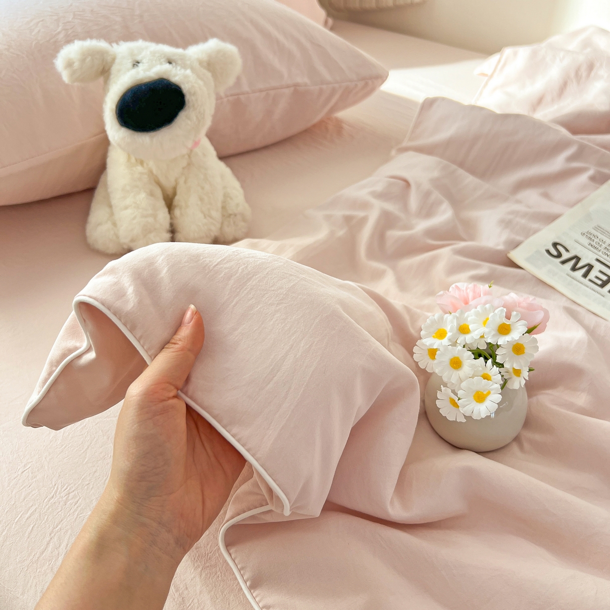 91家纺网 家纺一手货源 找家纺 冕悠家纺 2026春夏新款A类高克重超级无敌柔软水洗棉拼色夏被空调被夏凉被四件套 藕粉-夏凉被