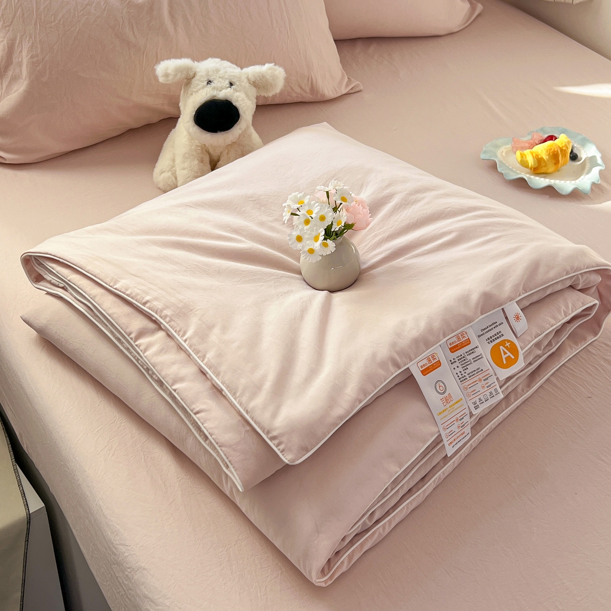 91家纺网 家纺一手货源 找家纺 冕悠家纺 2026春夏新款A类高克重超级无敌柔软水洗棉拼色夏被空调被夏凉被四件套 藕粉-夏凉被