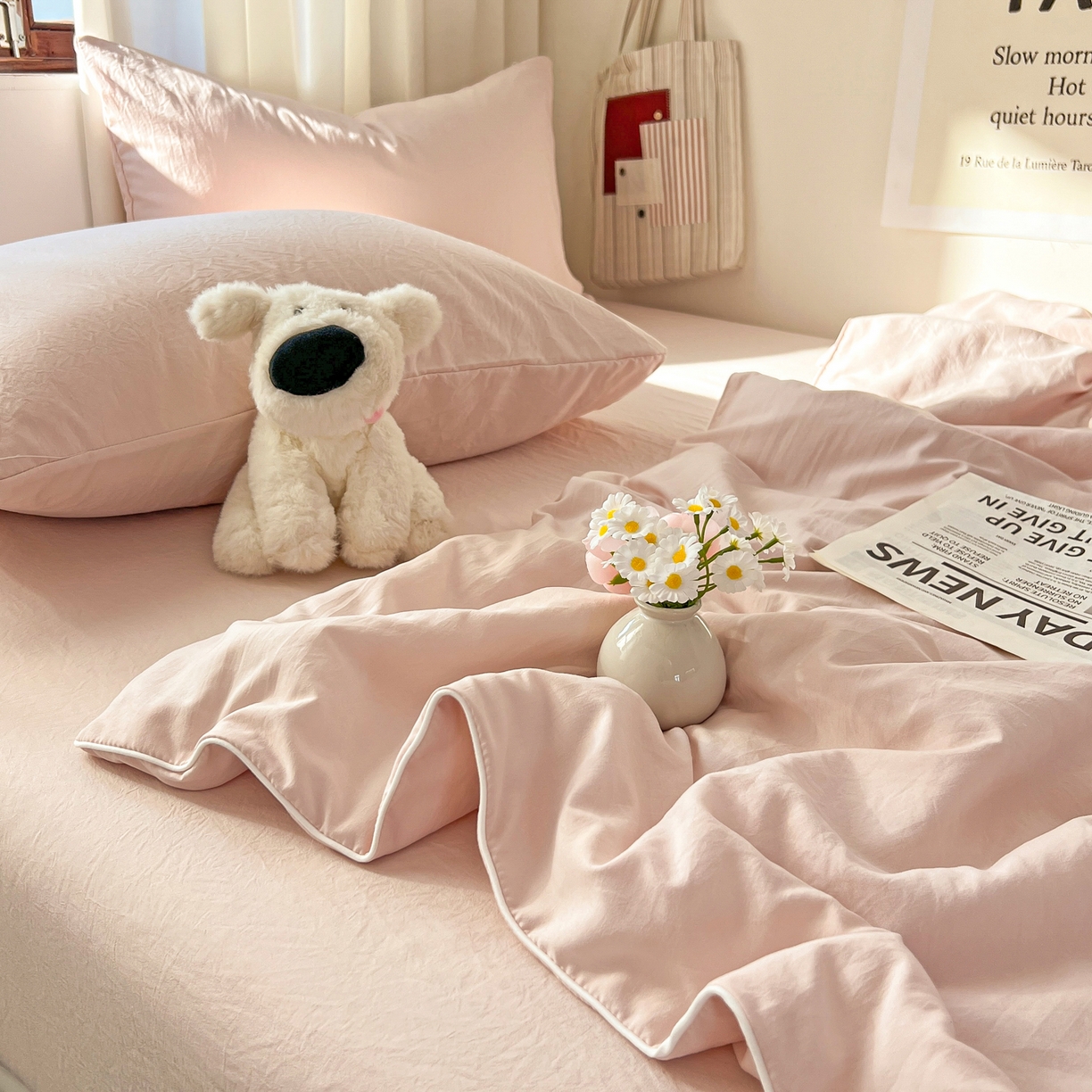 91家纺网 家纺一手货源 找家纺 冕悠家纺 2026春夏新款A类高克重超级无敌柔软水洗棉拼色夏被空调被夏凉被四件套 藕粉-夏凉被