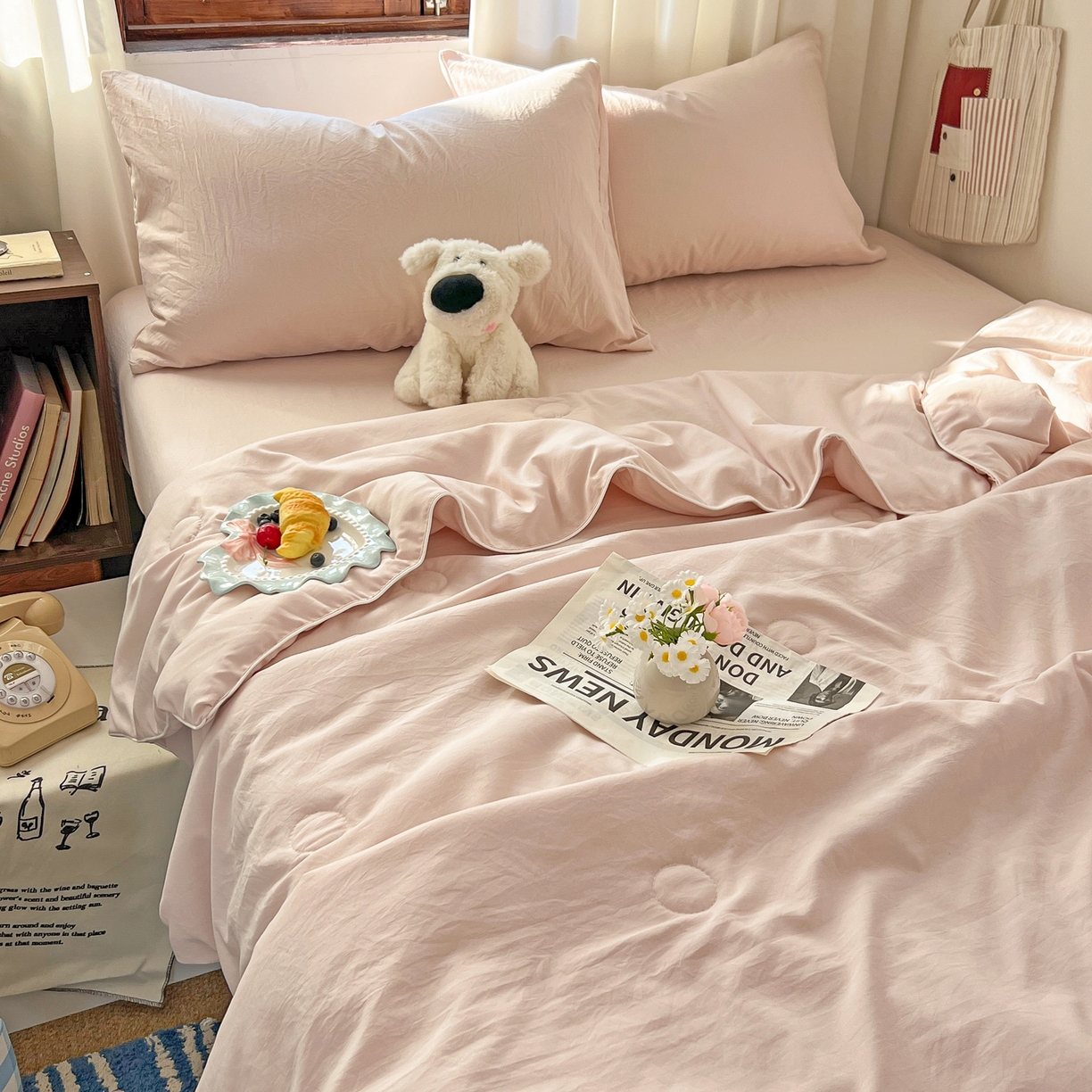 91家纺网 家纺一手货源 找家纺 冕悠家纺 2026春夏新款A类高克重超级无敌柔软水洗棉拼色夏被空调被夏凉被四件套 藕粉-夏凉被