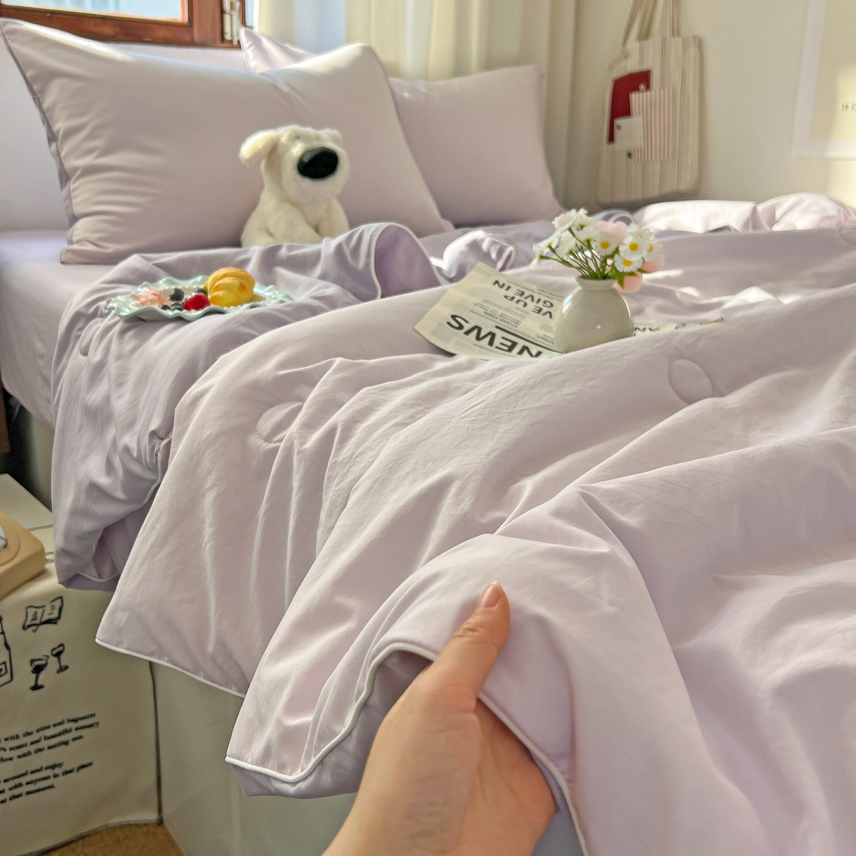 冕悠家纺 2026春夏新款A类高克重超级无敌柔软水洗棉拼色夏被空调被夏凉被四件套 深紫+浅紫-夏凉被