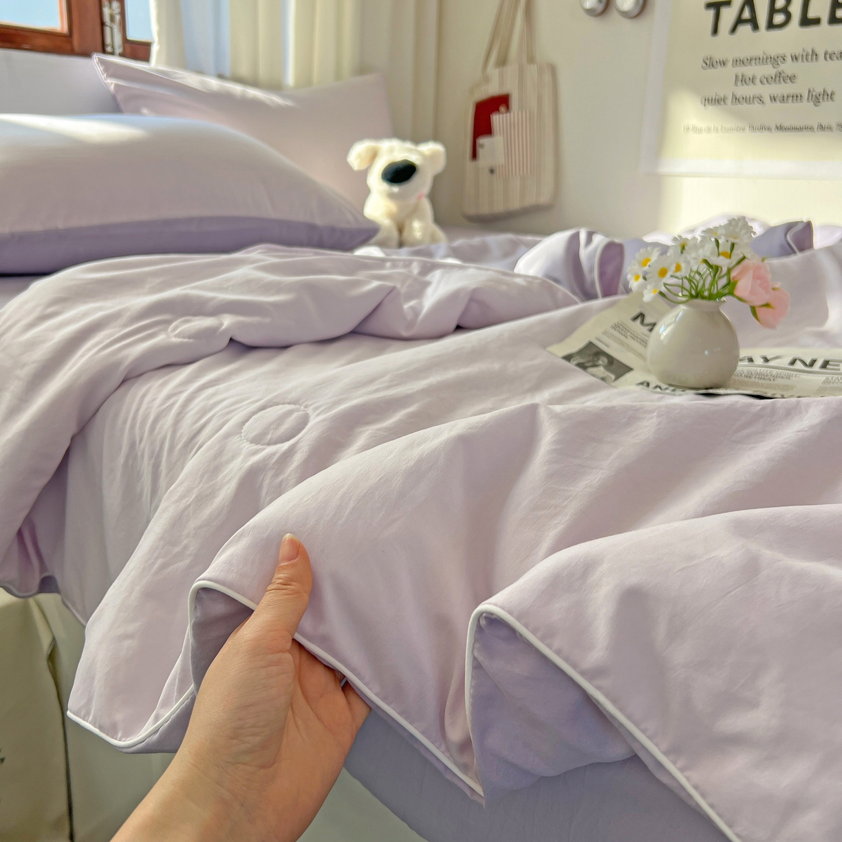 91家纺网 家纺一手货源 找家纺 冕悠家纺 2026春夏新款A类高克重超级无敌柔软水洗棉拼色夏被空调被夏凉被四件套 深紫+浅紫-夏凉被