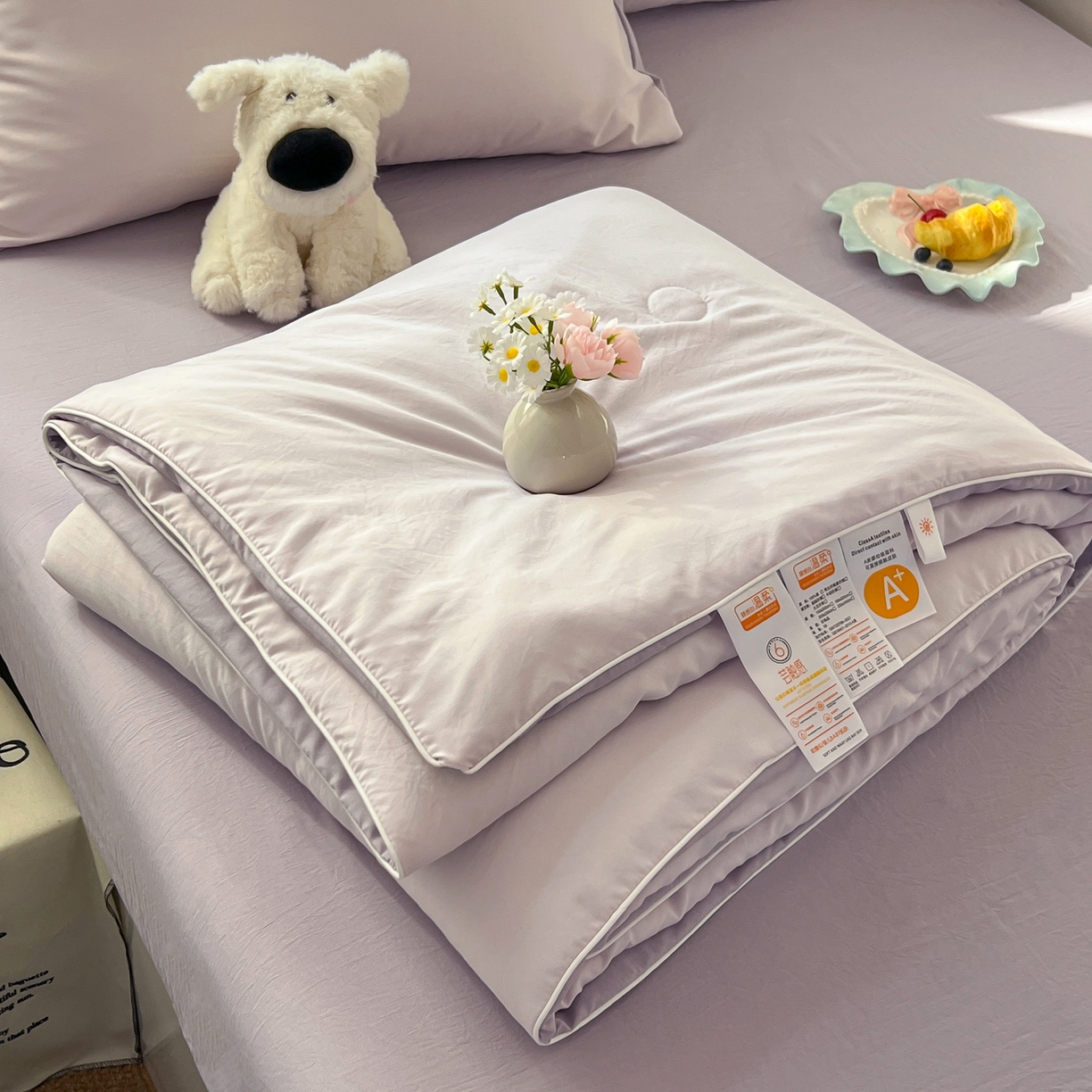 91家纺网 家纺一手货源 找家纺 冕悠家纺 2026春夏新款A类高克重超级无敌柔软水洗棉拼色夏被空调被夏凉被四件套 深紫+浅紫-夏凉被