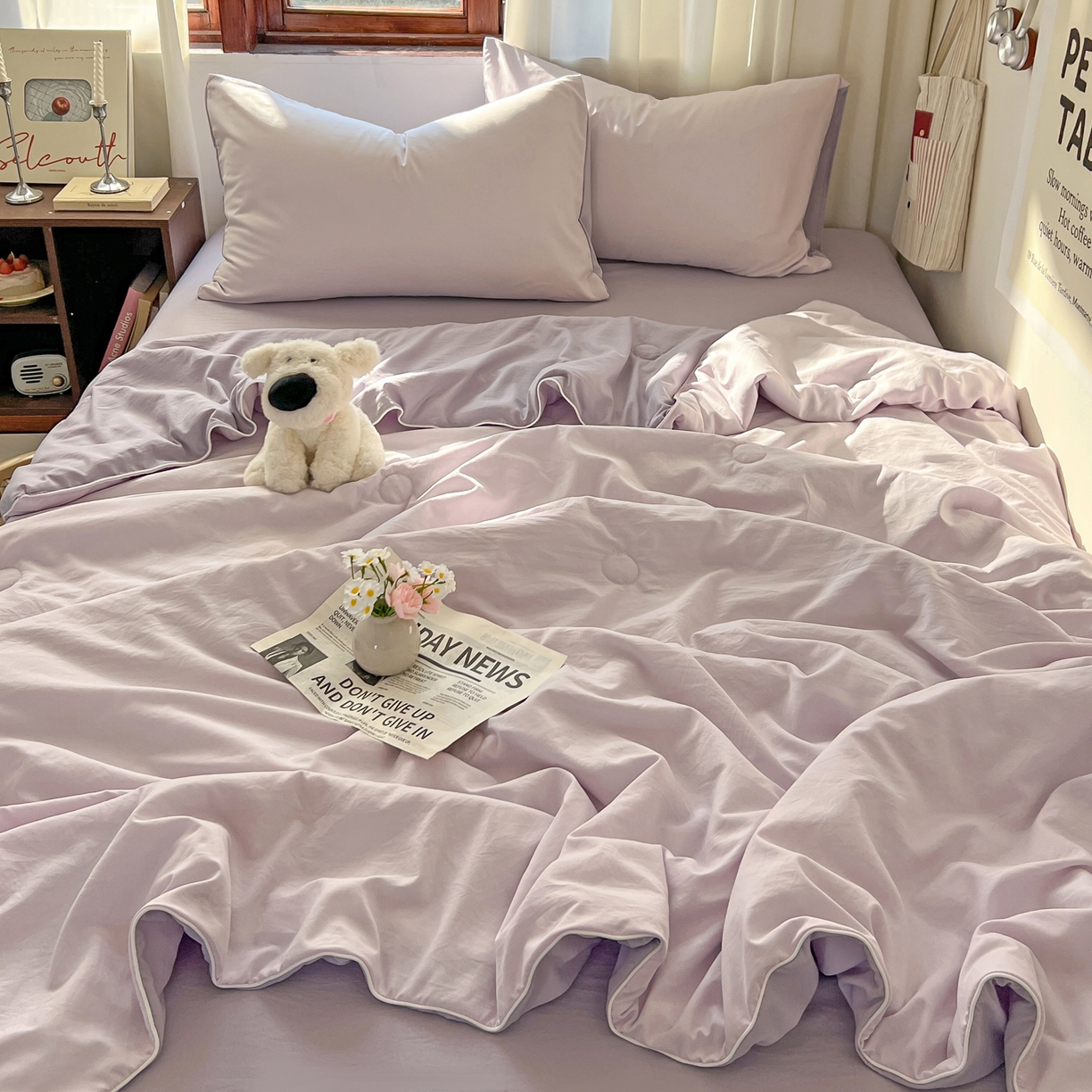 91家纺网 家纺一手货源 找家纺 冕悠家纺 2026春夏新款A类高克重超级无敌柔软水洗棉拼色夏被空调被夏凉被四件套 深紫+浅紫-夏凉被