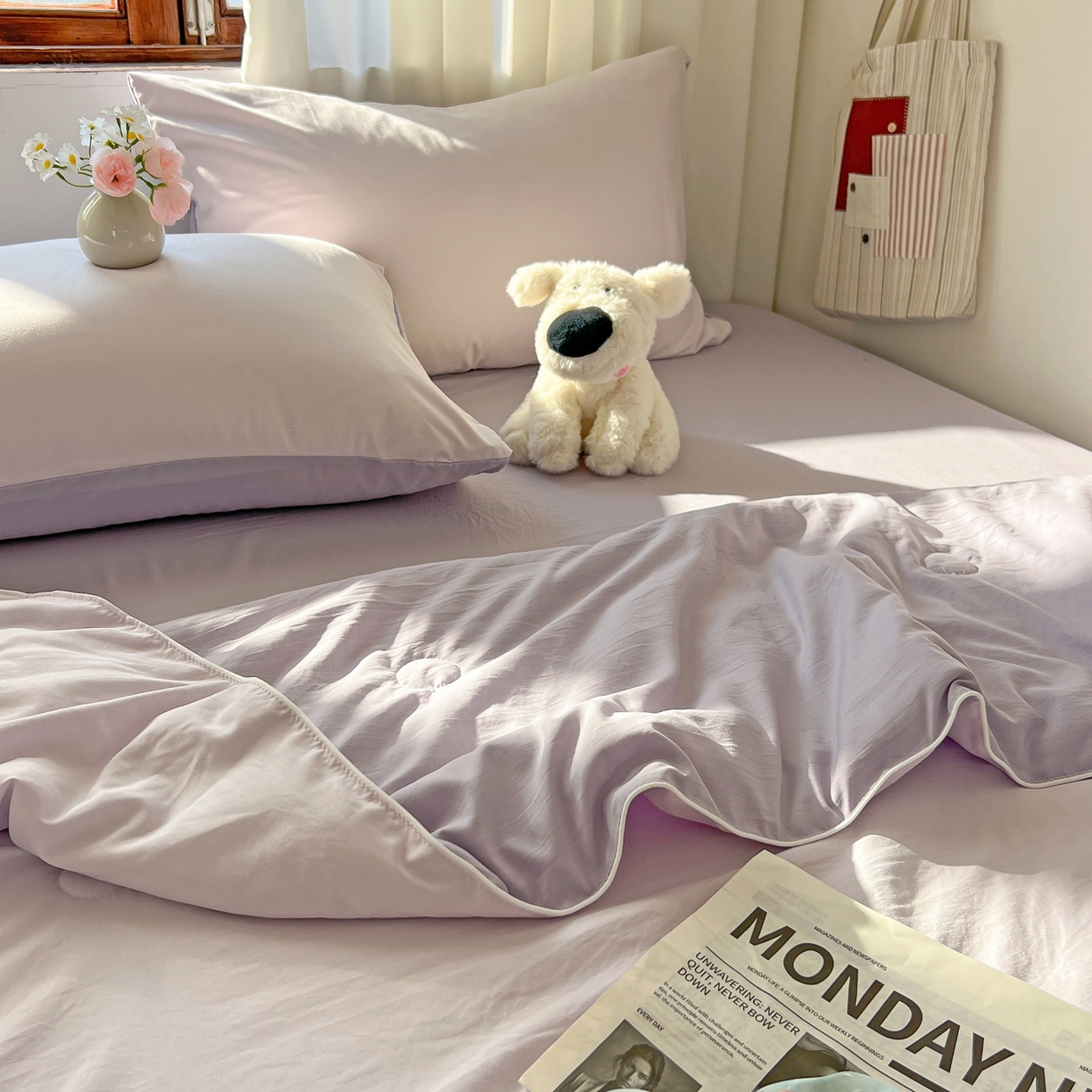 91家纺网 家纺一手货源 找家纺 冕悠家纺 2026春夏新款A类高克重超级无敌柔软水洗棉拼色夏被空调被夏凉被四件套 深紫+浅紫-夏凉被