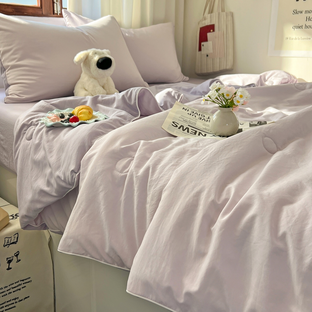 91家纺网 家纺一手货源 找家纺 冕悠家纺 2026春夏新款A类高克重超级无敌柔软水洗棉拼色夏被空调被夏凉被四件套 深紫+浅紫-夏凉被