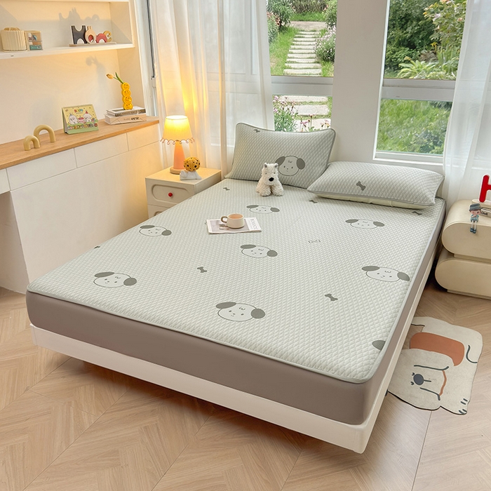 91家纺网 家纺一手货源 找家纺 义博家纺 2026新款碳光冰丝席5D印花床笠款 淘气狗