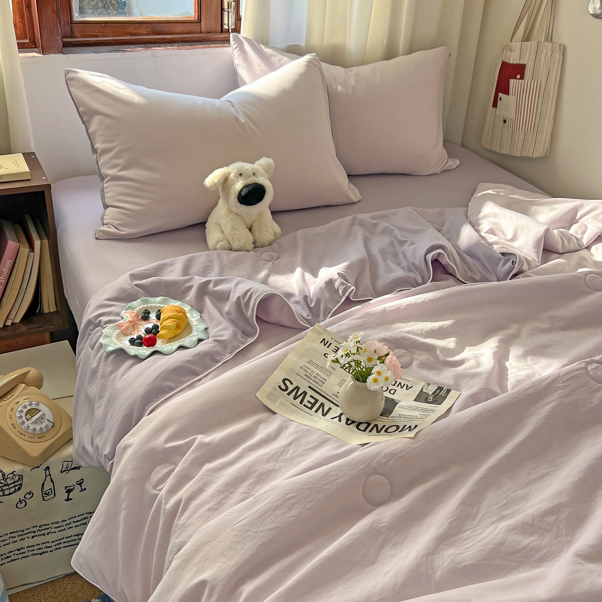 91家纺网 家纺一手货源 找家纺 冕悠家纺 2026春夏新款A类高克重超级无敌柔软水洗棉拼色夏被空调被夏凉被四件套 深紫+浅紫-夏凉被