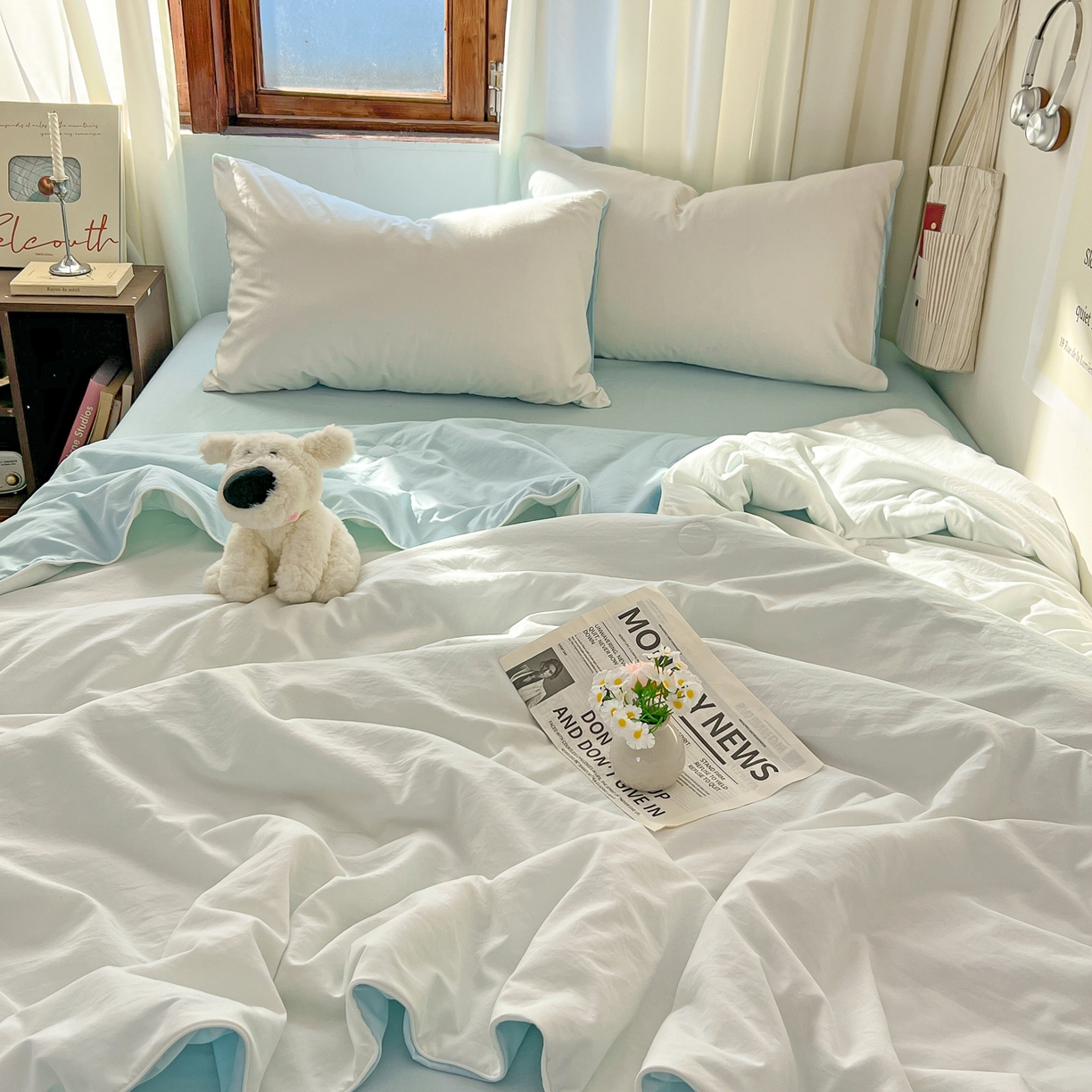 91家纺网 家纺一手货源 找家纺 冕悠家纺 2026春夏新款A类高克重超级无敌柔软水洗棉拼色夏被空调被夏凉被四件套 云水蓝+奶白-夏凉被