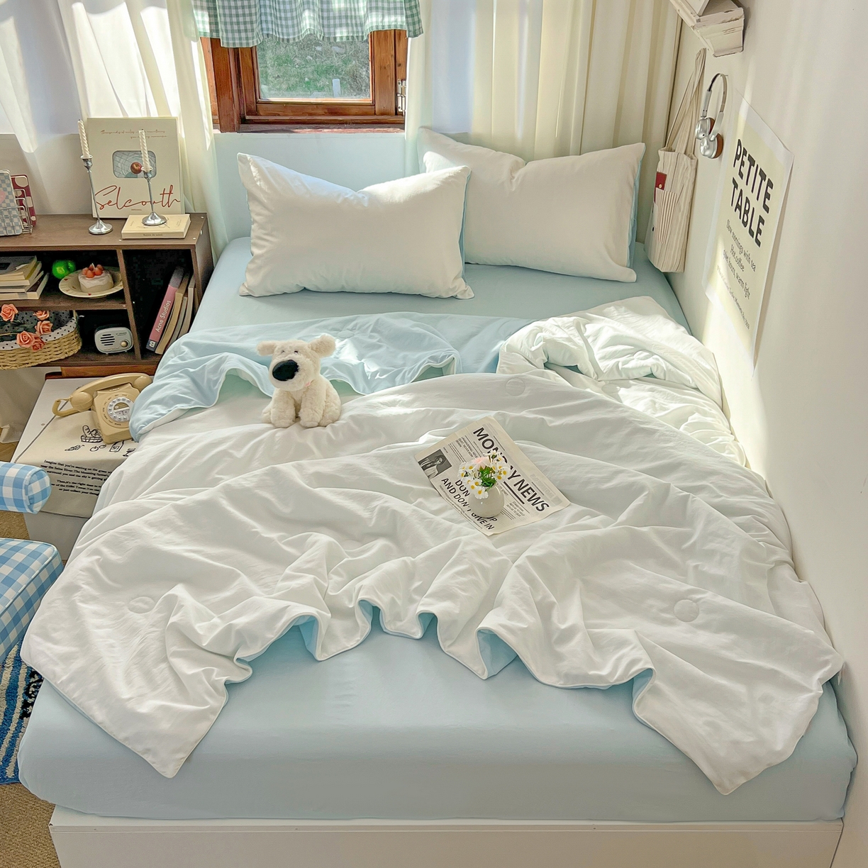 91家纺网 家纺一手货源 找家纺 冕悠家纺 2026春夏新款A类高克重超级无敌柔软水洗棉拼色夏被空调被夏凉被四件套 云水蓝+奶白-夏凉被