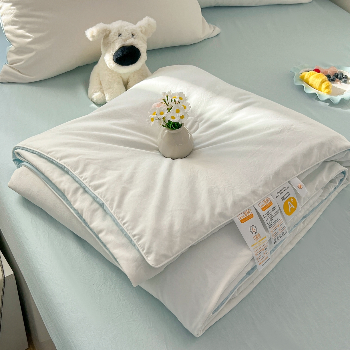 91家纺网 家纺一手货源 找家纺 冕悠家纺 2026春夏新款A类高克重超级无敌柔软水洗棉拼色夏被空调被夏凉被四件套 云水蓝+奶白-夏凉被