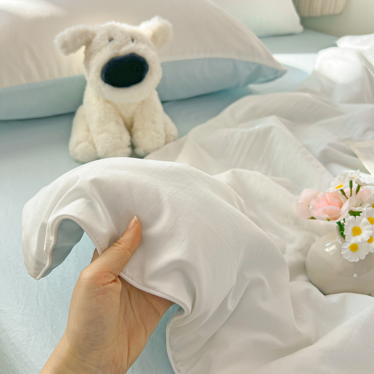 91家纺网 家纺一手货源 找家纺 冕悠家纺 2026春夏新款A类高克重超级无敌柔软水洗棉拼色夏被空调被夏凉被四件套 云水蓝+奶白-夏凉被