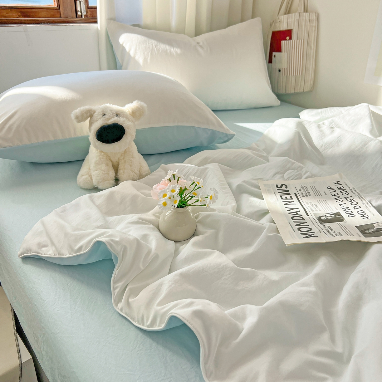 91家纺网 家纺一手货源 找家纺 冕悠家纺 2026春夏新款A类高克重超级无敌柔软水洗棉拼色夏被空调被夏凉被四件套 云水蓝+奶白-夏凉被