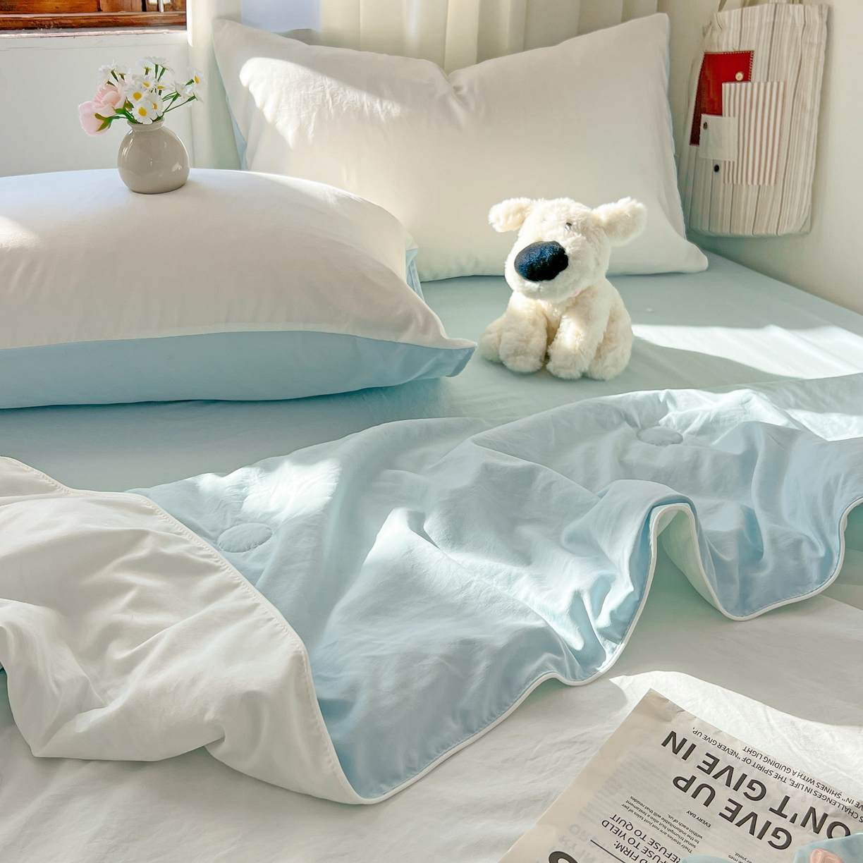 91家纺网 家纺一手货源 找家纺 冕悠家纺 2026春夏新款A类高克重超级无敌柔软水洗棉拼色夏被空调被夏凉被四件套 云水蓝+奶白-夏凉被