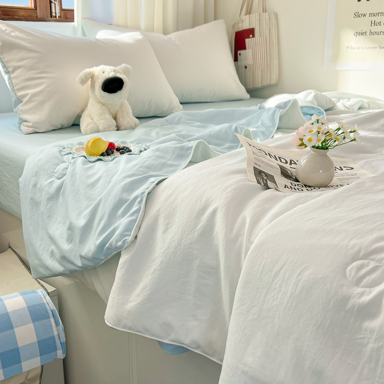 91家纺网 家纺一手货源 找家纺 冕悠家纺 2026春夏新款A类高克重超级无敌柔软水洗棉拼色夏被空调被夏凉被四件套 云水蓝+奶白-夏凉被