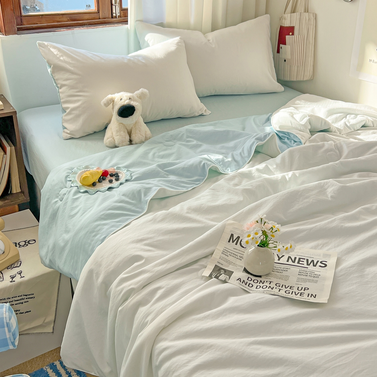 91家纺网 家纺一手货源 找家纺 冕悠家纺 2026春夏新款A类高克重超级无敌柔软水洗棉拼色夏被空调被夏凉被四件套 云水蓝+奶白-夏凉被