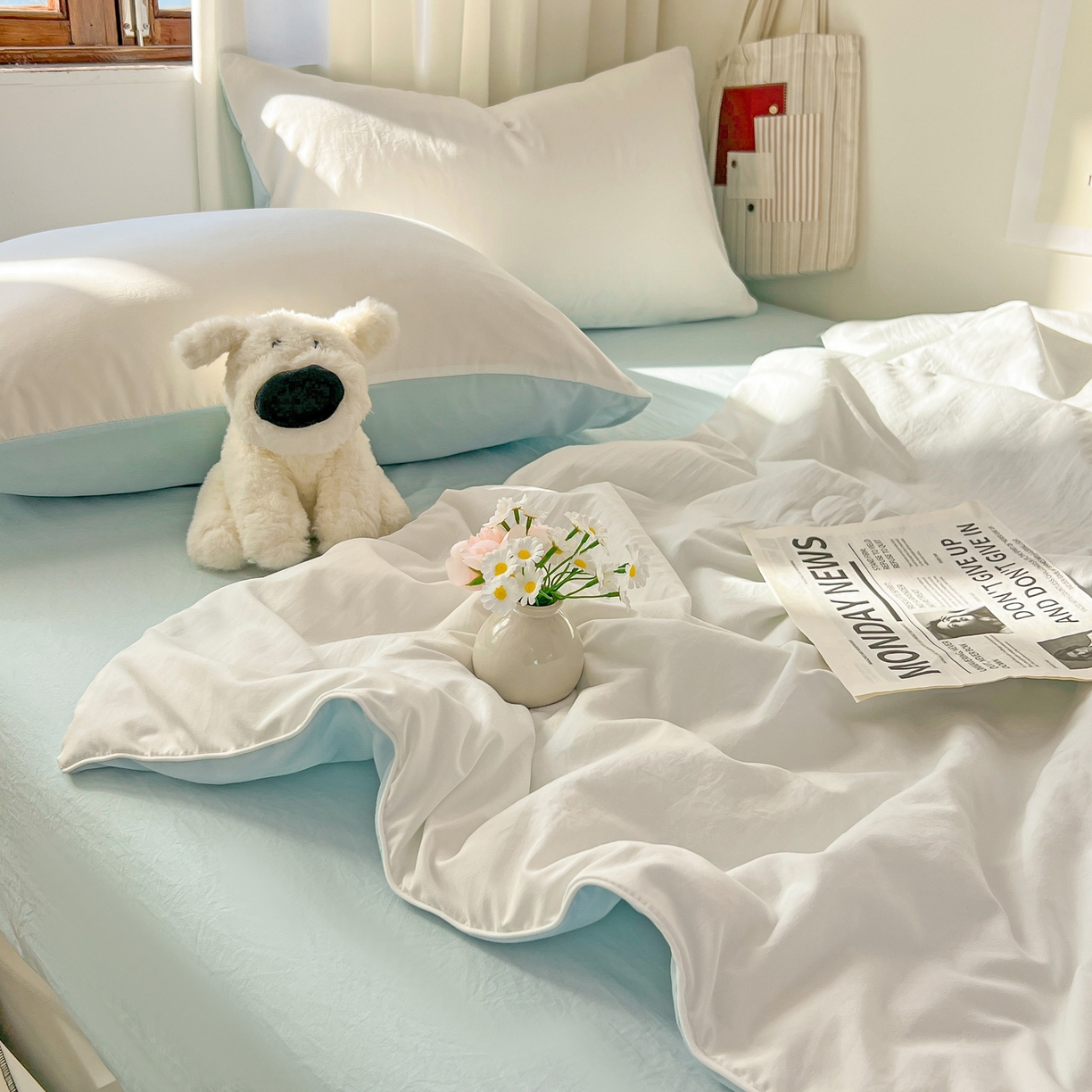 91家纺网 家纺一手货源 找家纺 冕悠家纺 2026春夏新款A类高克重超级无敌柔软水洗棉拼色夏被空调被夏凉被四件套 云水蓝+奶白-夏凉被