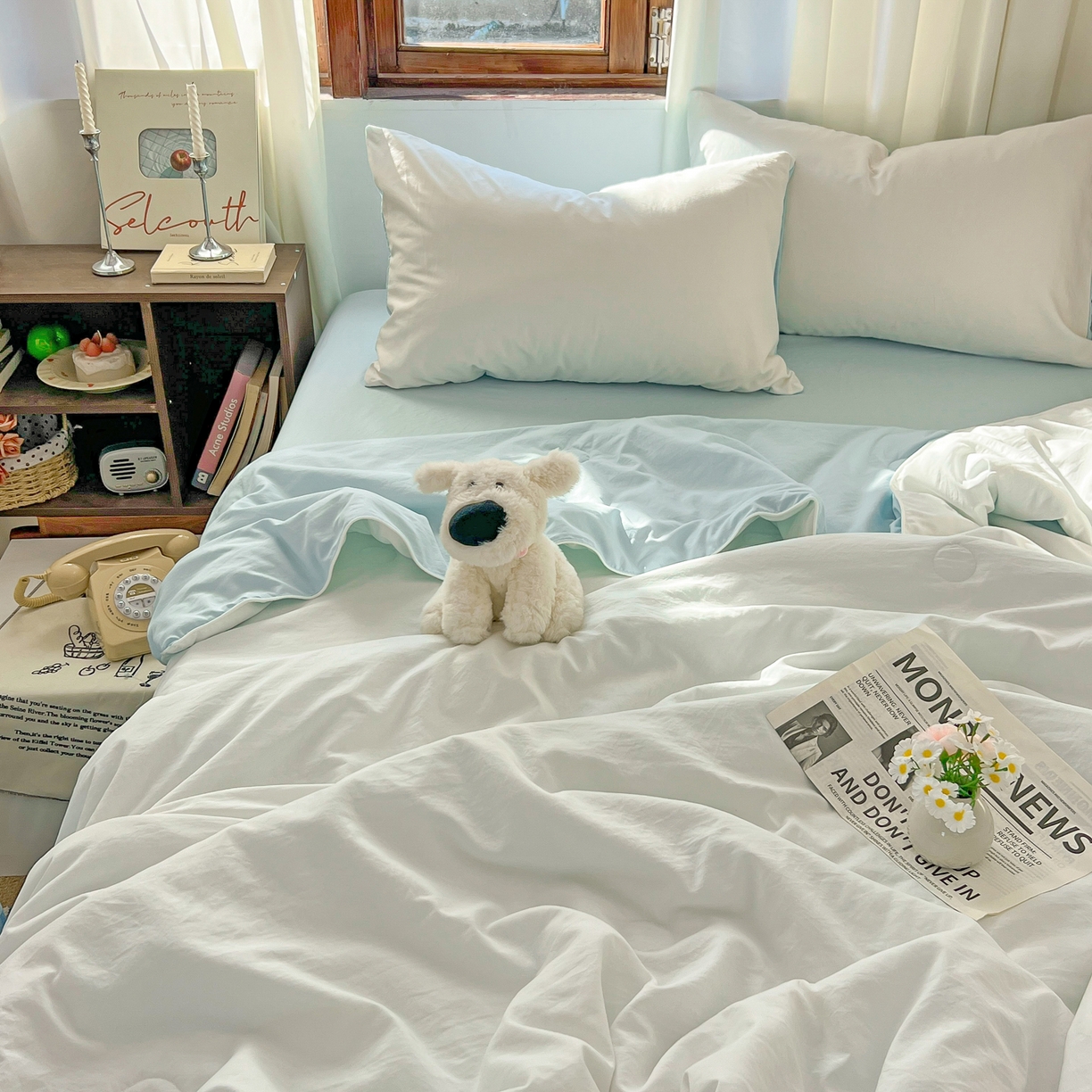 91家纺网 家纺一手货源 找家纺 冕悠家纺 2026春夏新款A类高克重超级无敌柔软水洗棉拼色夏被空调被夏凉被四件套 云水蓝+奶白-夏凉被