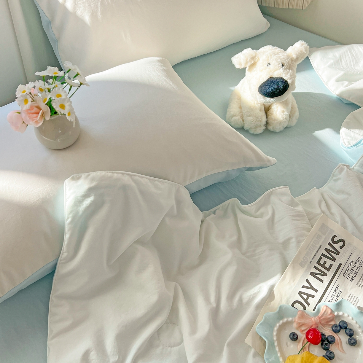 91家纺网 家纺一手货源 找家纺 冕悠家纺 2026春夏新款A类高克重超级无敌柔软水洗棉拼色夏被空调被夏凉被四件套 云水蓝+奶白-夏凉被