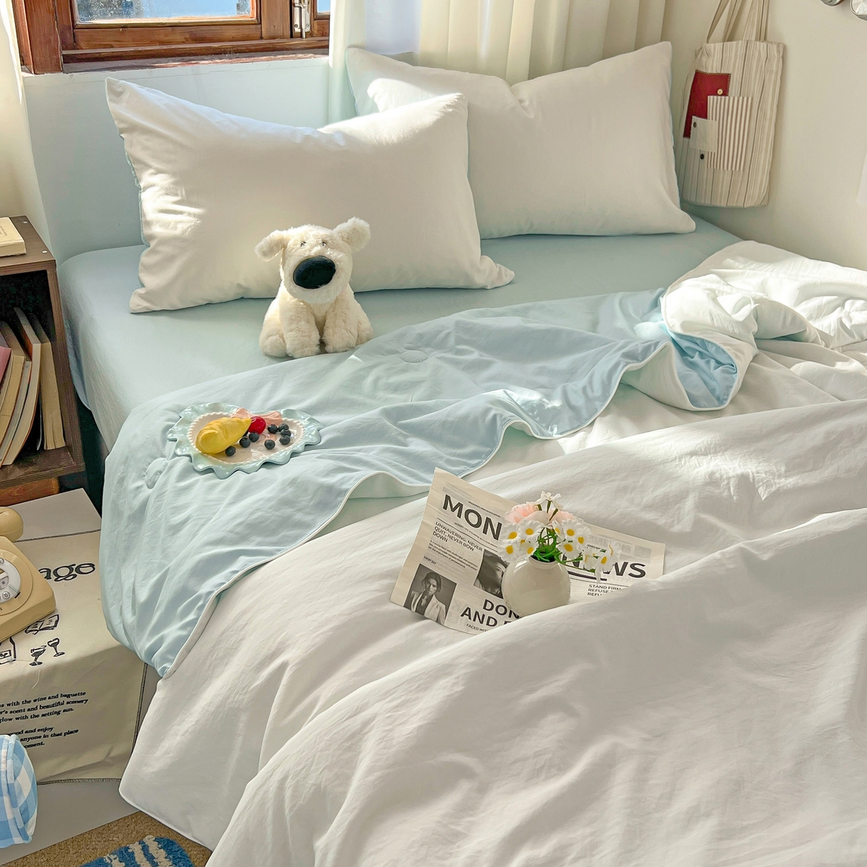 91家纺网 家纺一手货源 找家纺 冕悠家纺 2026春夏新款A类高克重超级无敌柔软水洗棉拼色夏被空调被夏凉被四件套 云水蓝+奶白-夏凉被