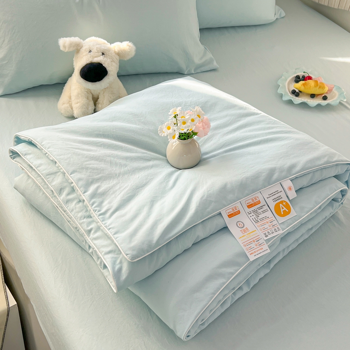 91家纺网 家纺一手货源 找家纺 冕悠家纺 2026春夏新款A类高克重超级无敌柔软水洗棉拼色夏被空调被夏凉被四件套 云水蓝-夏凉被