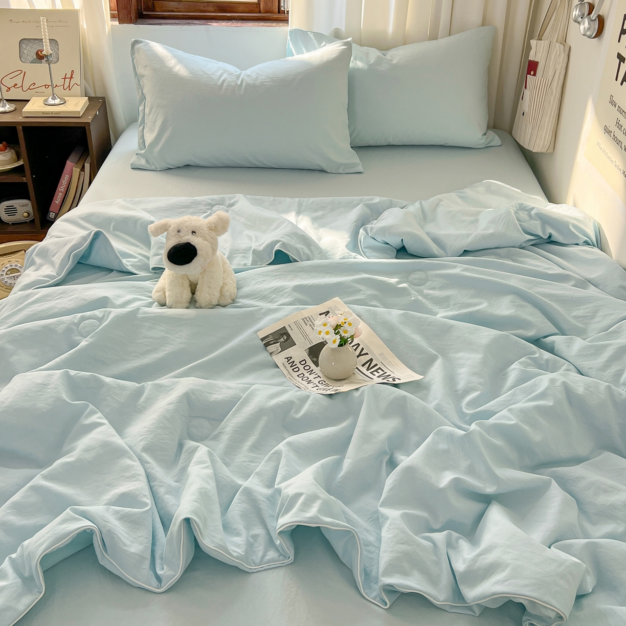 91家纺网 家纺一手货源 找家纺 冕悠家纺 2026春夏新款A类高克重超级无敌柔软水洗棉拼色夏被空调被夏凉被四件套 云水蓝-夏凉被