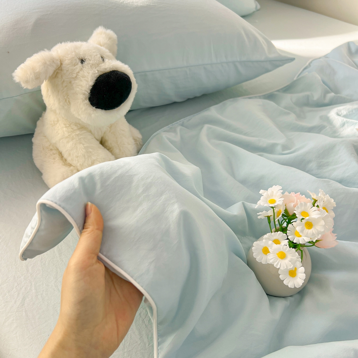 91家纺网 家纺一手货源 找家纺 冕悠家纺 2026春夏新款A类高克重超级无敌柔软水洗棉拼色夏被空调被夏凉被四件套 云水蓝-夏凉被