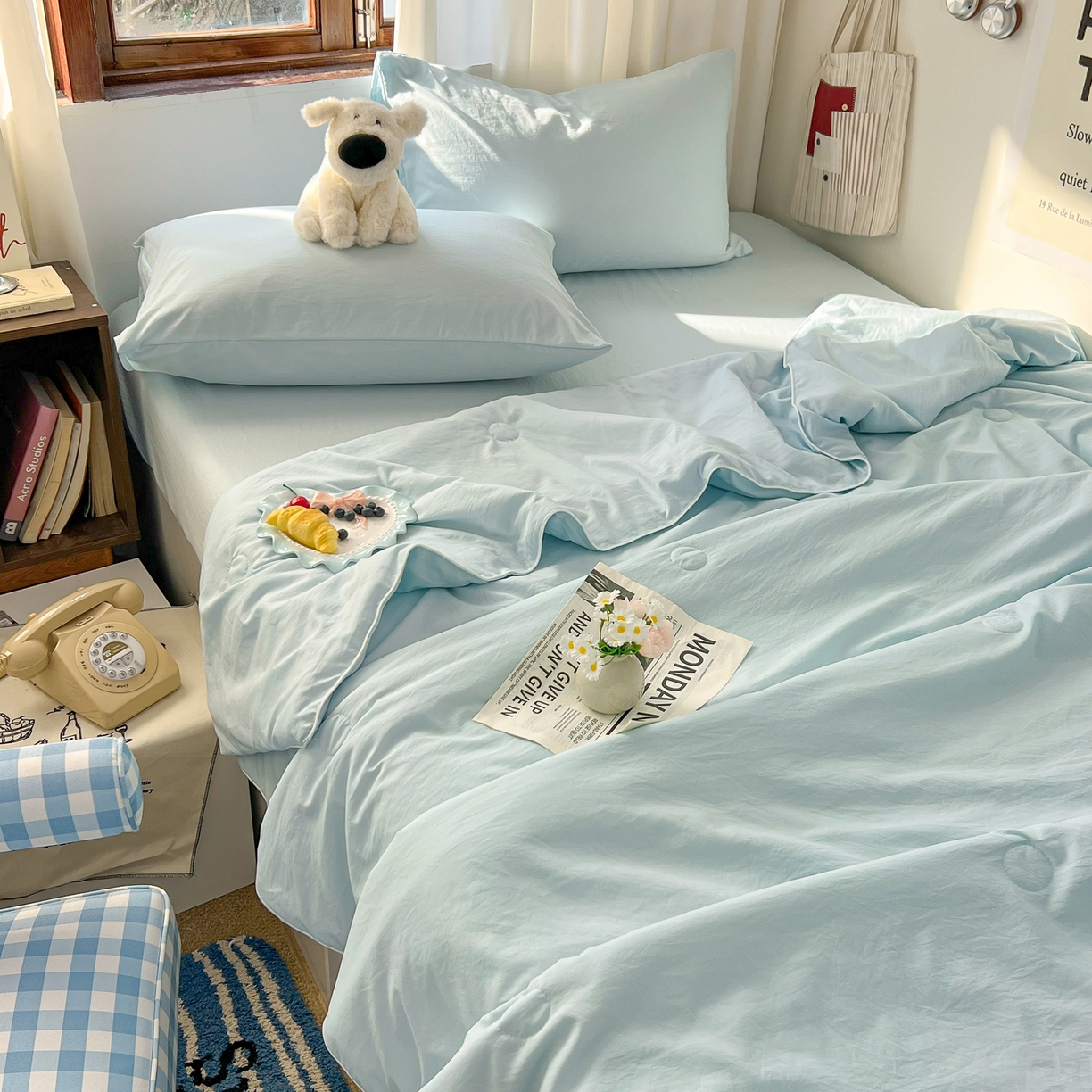 91家纺网 家纺一手货源 找家纺 冕悠家纺 2026春夏新款A类高克重超级无敌柔软水洗棉拼色夏被空调被夏凉被四件套 云水蓝-夏凉被