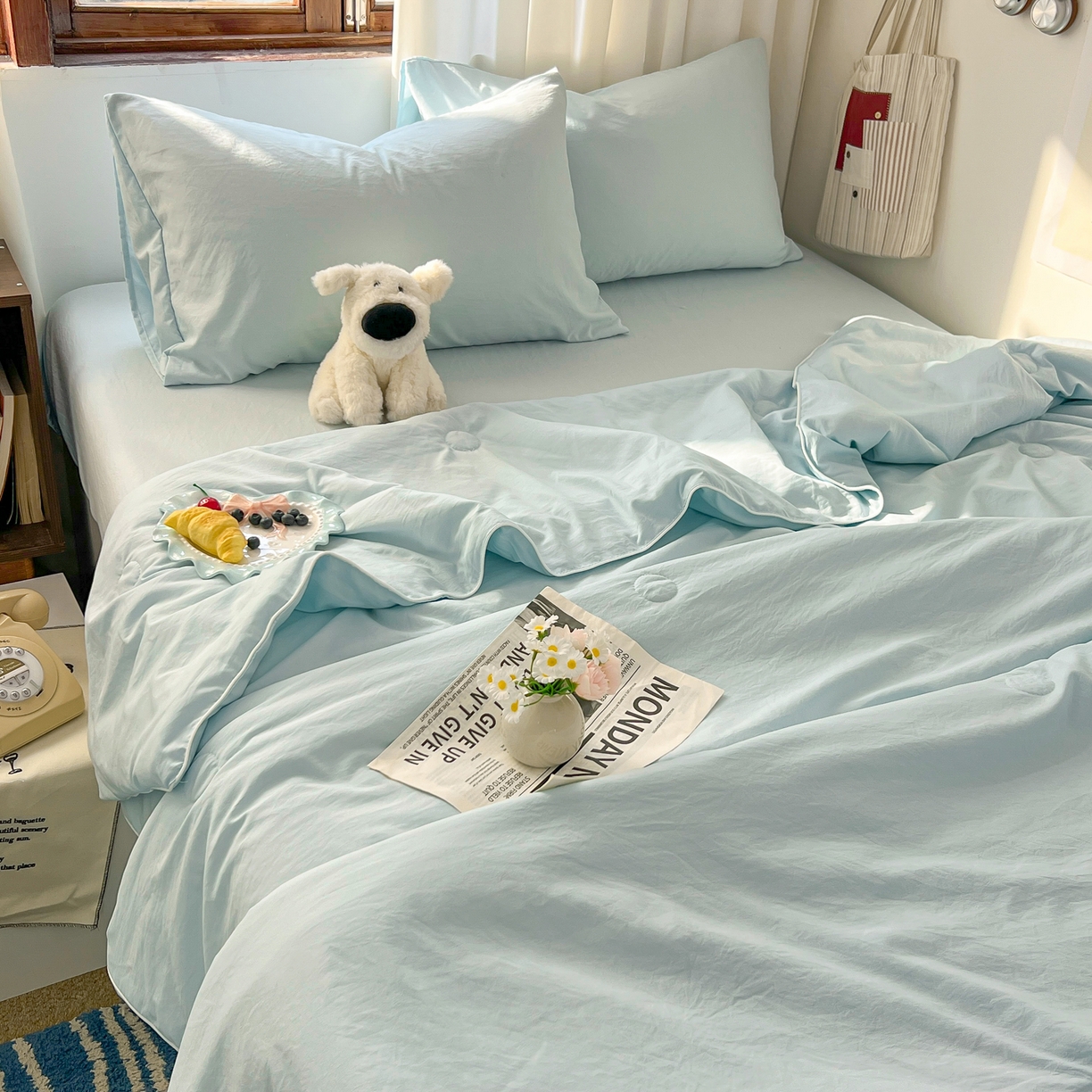 91家纺网 家纺一手货源 找家纺 冕悠家纺 2026春夏新款A类高克重超级无敌柔软水洗棉拼色夏被空调被夏凉被四件套 云水蓝-夏凉被