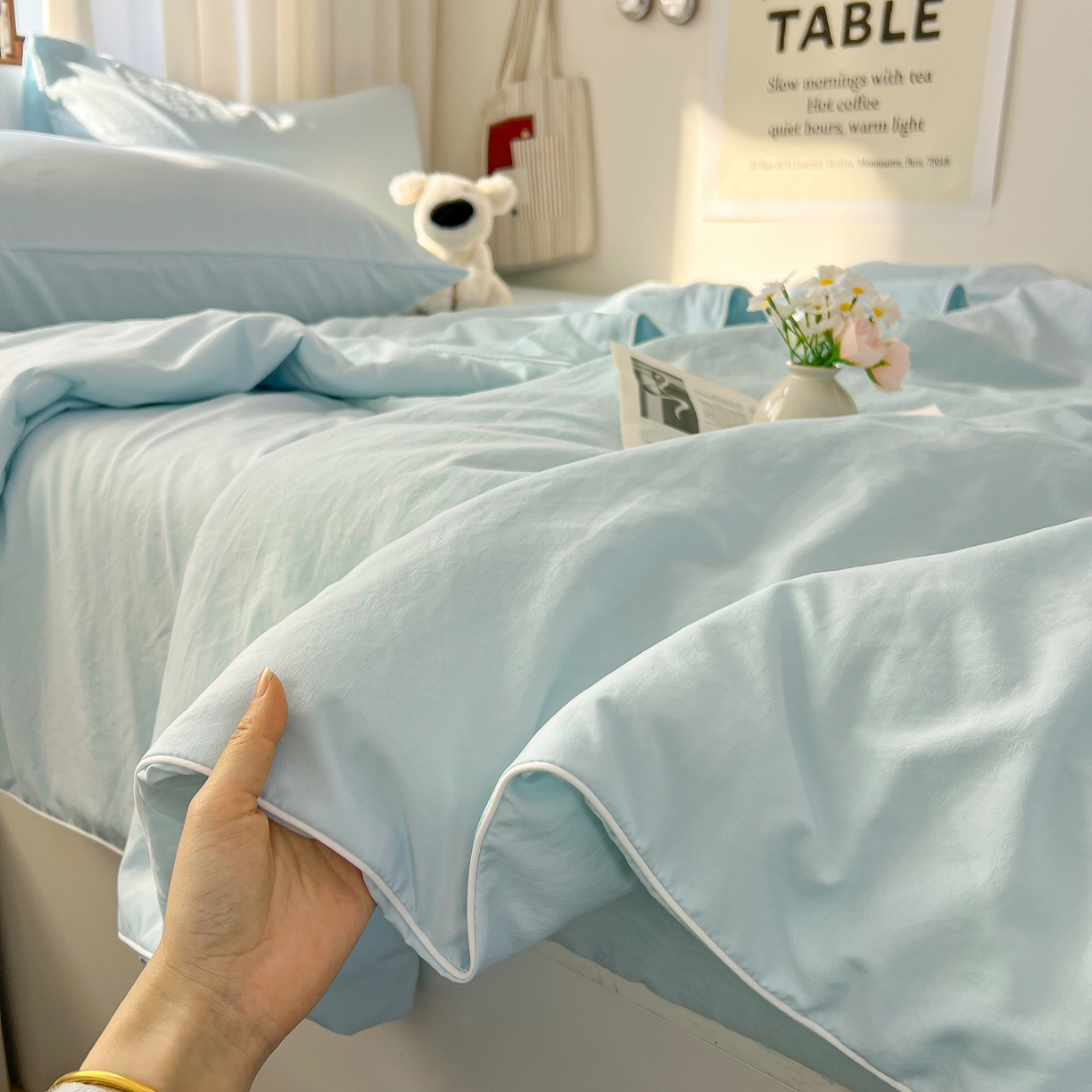 91家纺网 家纺一手货源 找家纺 冕悠家纺 2026春夏新款A类高克重超级无敌柔软水洗棉拼色夏被空调被夏凉被四件套 云水蓝-夏凉被