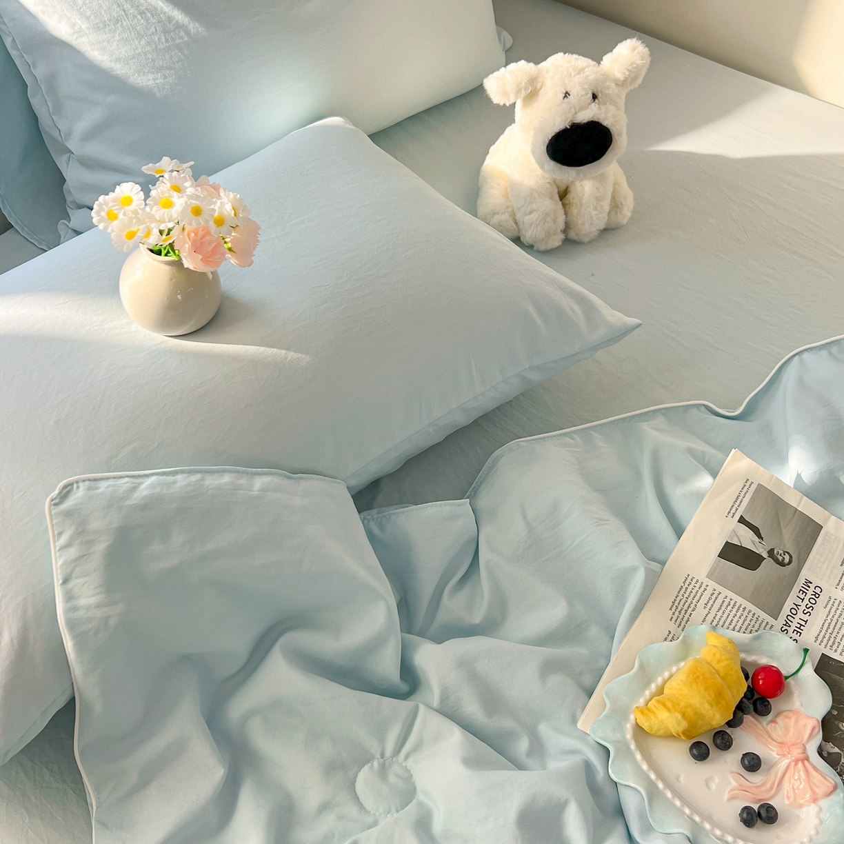 91家纺网 家纺一手货源 找家纺 冕悠家纺 2026春夏新款A类高克重超级无敌柔软水洗棉拼色夏被空调被夏凉被四件套 云水蓝-夏凉被