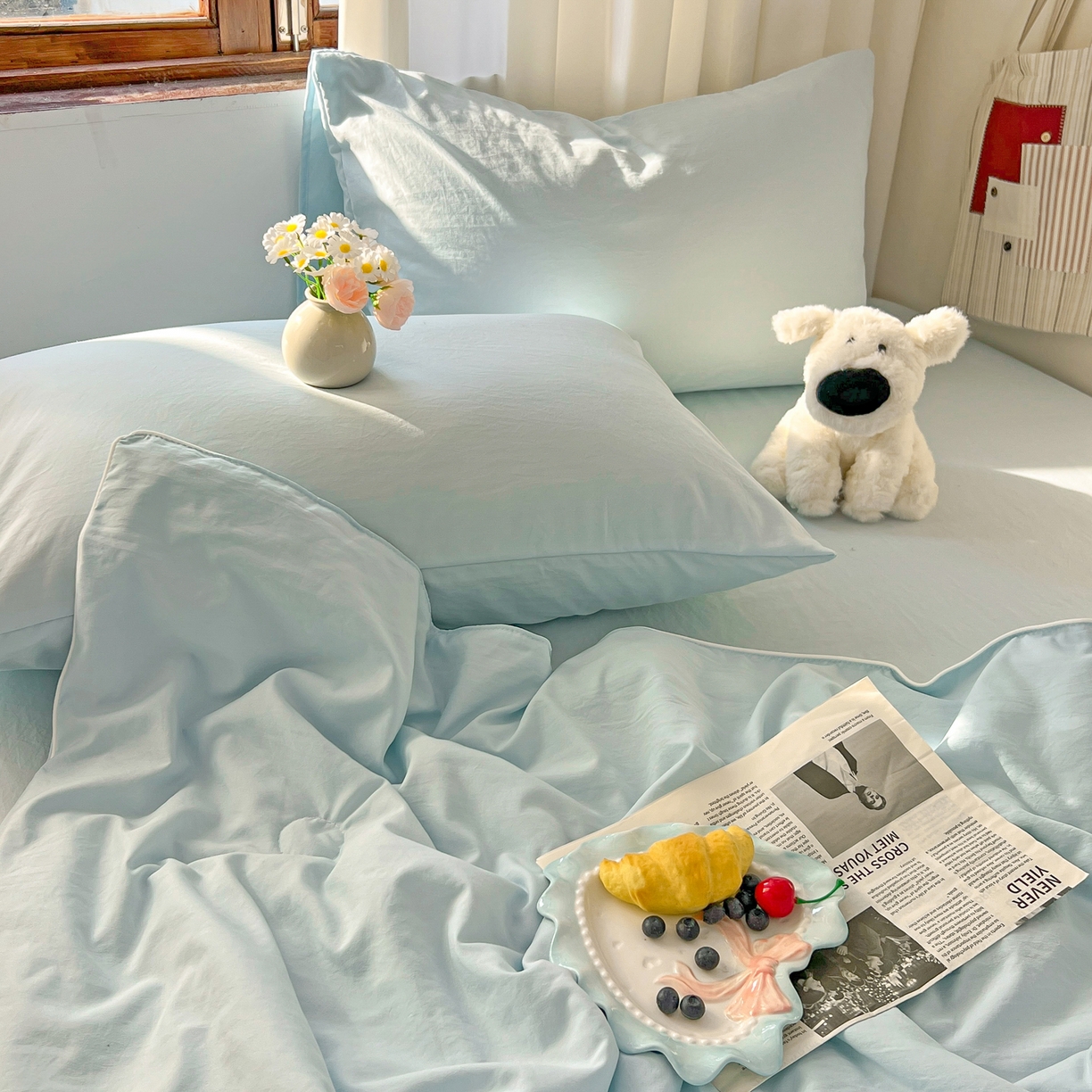 91家纺网 家纺一手货源 找家纺 冕悠家纺 2026春夏新款A类高克重超级无敌柔软水洗棉拼色夏被空调被夏凉被四件套 云水蓝-夏凉被