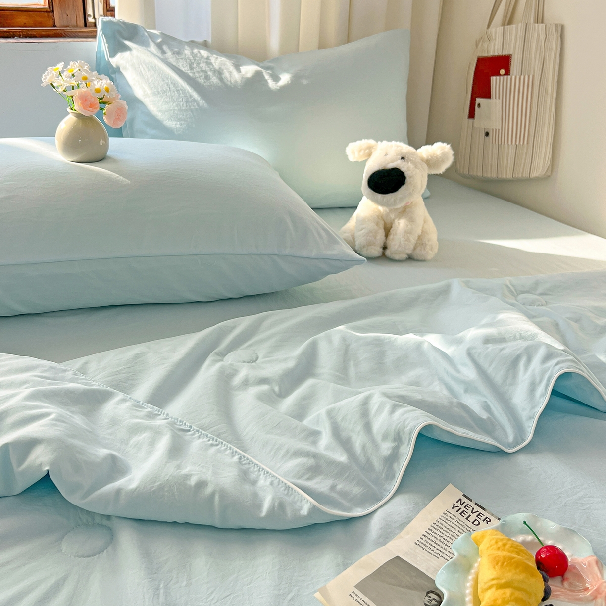 91家纺网 家纺一手货源 找家纺 冕悠家纺 2026春夏新款A类高克重超级无敌柔软水洗棉拼色夏被空调被夏凉被四件套 云水蓝-夏凉被