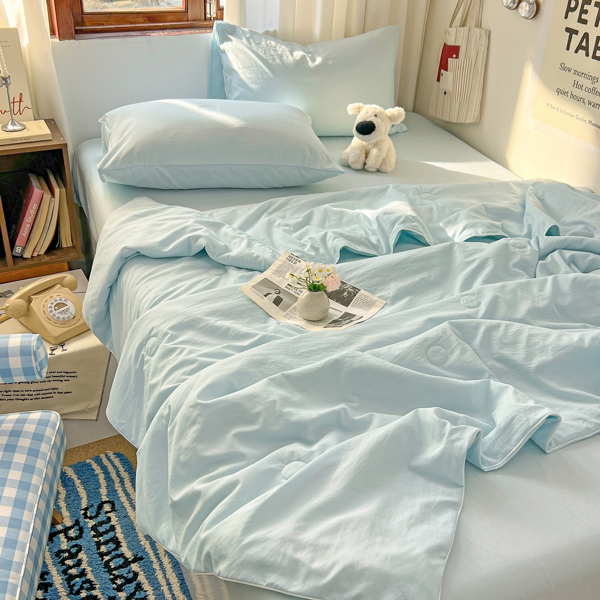 91家纺网 家纺一手货源 找家纺 冕悠家纺 2026春夏新款A类高克重超级无敌柔软水洗棉拼色夏被空调被夏凉被四件套 云水蓝-夏凉被