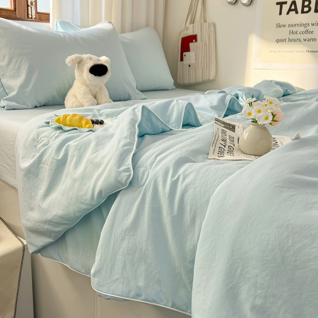 91家纺网 家纺一手货源 找家纺 冕悠家纺 2026春夏新款A类高克重超级无敌柔软水洗棉拼色夏被空调被夏凉被四件套 云水蓝-夏凉被