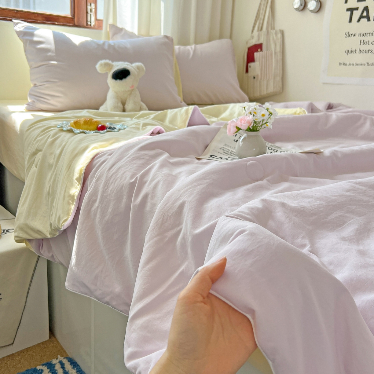 冕悠家纺 2026春夏新款A类高克重超级无敌柔软水洗棉拼色夏被空调被夏凉被四件套 芝士+幕山紫-夏凉被