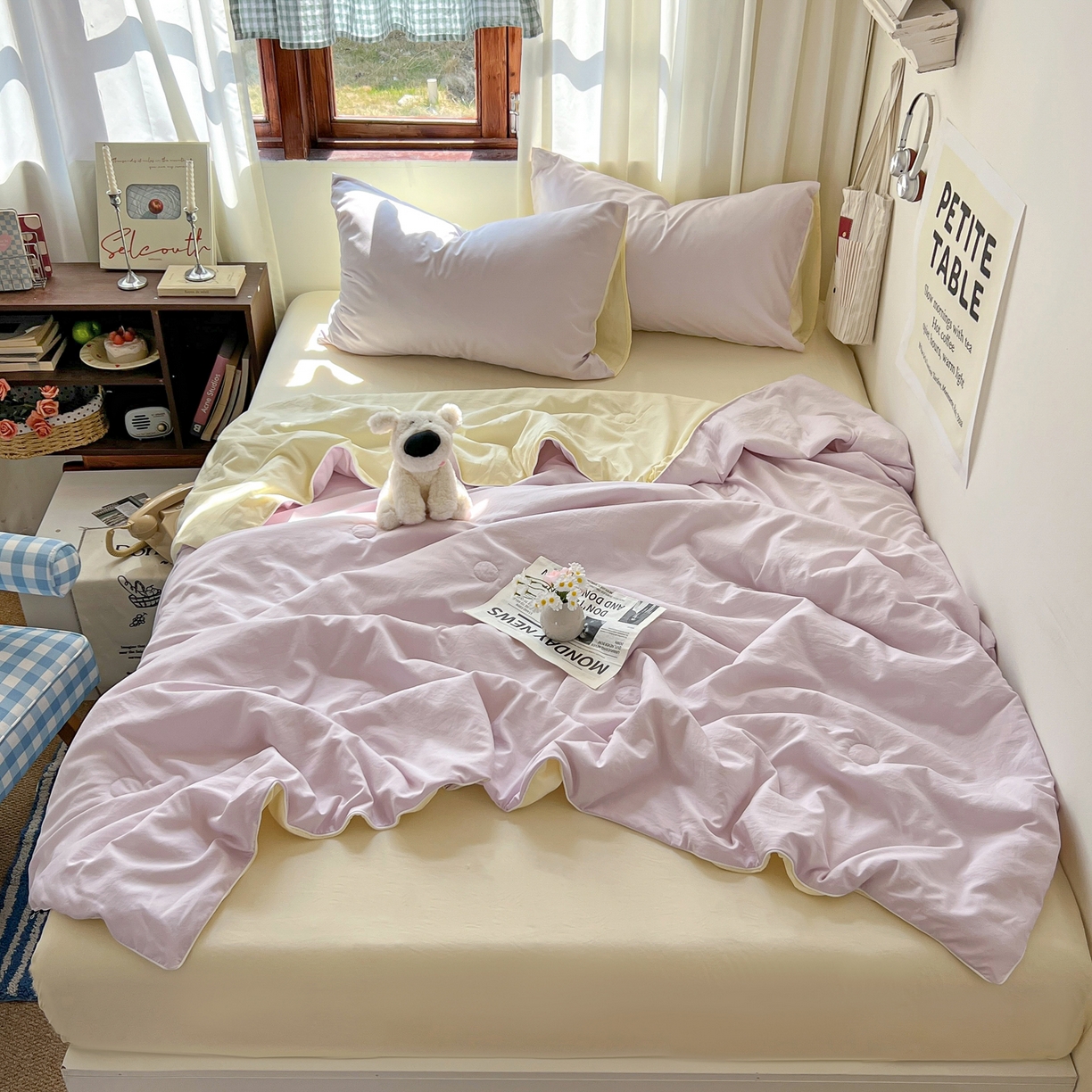 91家纺网 家纺一手货源 找家纺 冕悠家纺 2026春夏新款A类高克重超级无敌柔软水洗棉拼色夏被空调被夏凉被四件套 芝士+幕山紫-夏凉被