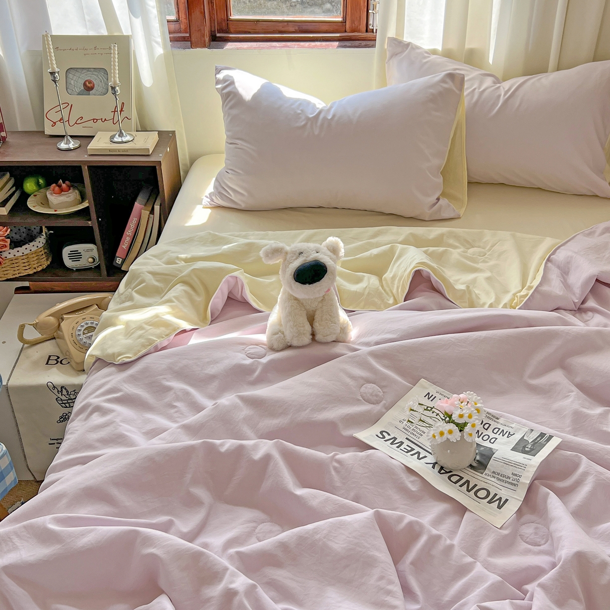 91家纺网 家纺一手货源 找家纺 冕悠家纺 2026春夏新款A类高克重超级无敌柔软水洗棉拼色夏被空调被夏凉被四件套 芝士+幕山紫-夏凉被