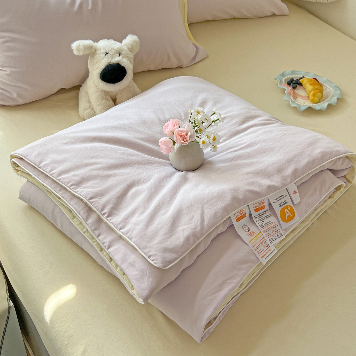 91家纺网 家纺一手货源 找家纺 冕悠家纺 2026春夏新款A类高克重超级无敌柔软水洗棉拼色夏被空调被夏凉被四件套 芝士+幕山紫-夏凉被