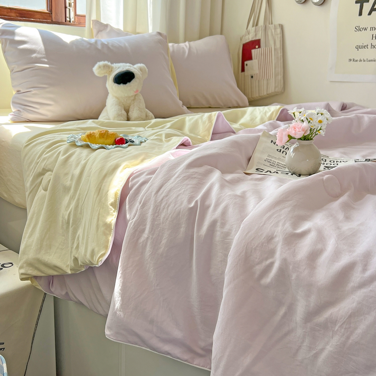 91家纺网 家纺一手货源 找家纺 冕悠家纺 2026春夏新款A类高克重超级无敌柔软水洗棉拼色夏被空调被夏凉被四件套 芝士+幕山紫-夏凉被