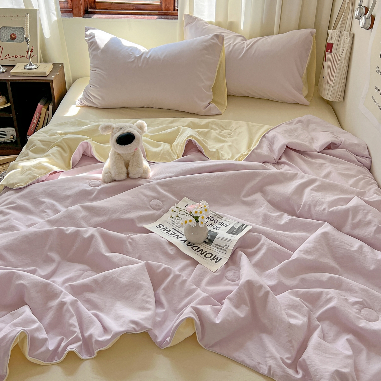 91家纺网 家纺一手货源 找家纺 冕悠家纺 2026春夏新款A类高克重超级无敌柔软水洗棉拼色夏被空调被夏凉被四件套 芝士+幕山紫-夏凉被