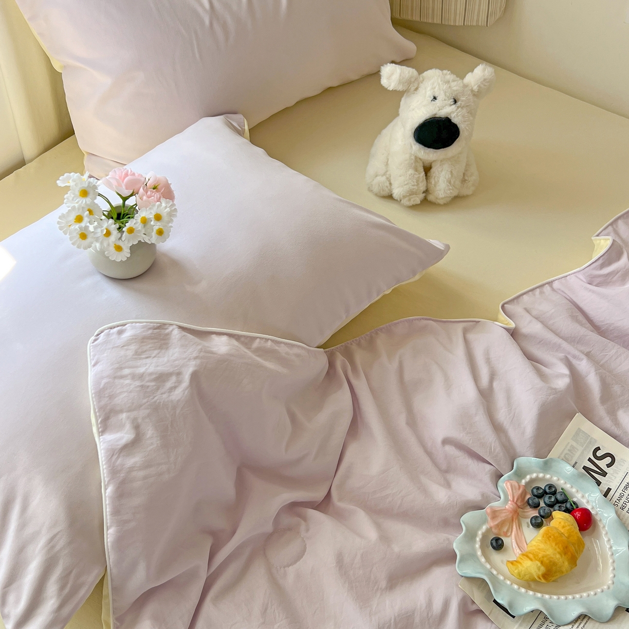 91家纺网 家纺一手货源 找家纺 冕悠家纺 2026春夏新款A类高克重超级无敌柔软水洗棉拼色夏被空调被夏凉被四件套 芝士+幕山紫-夏凉被