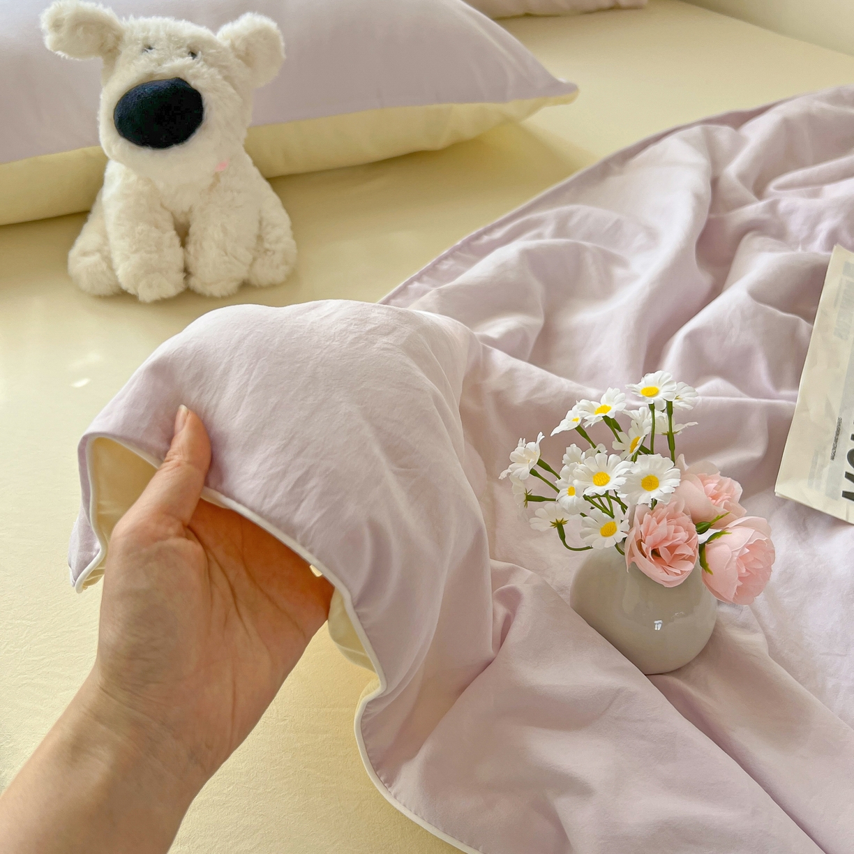 91家纺网 家纺一手货源 找家纺 冕悠家纺 2026春夏新款A类高克重超级无敌柔软水洗棉拼色夏被空调被夏凉被四件套 芝士+幕山紫-夏凉被