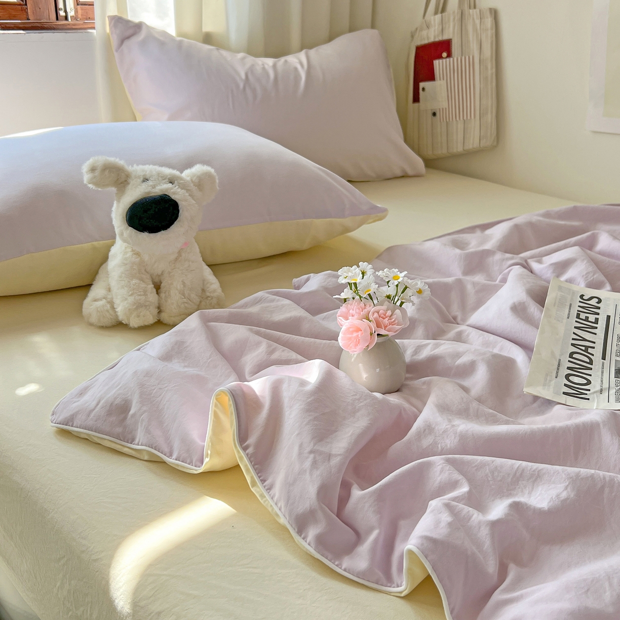 91家纺网 家纺一手货源 找家纺 冕悠家纺 2026春夏新款A类高克重超级无敌柔软水洗棉拼色夏被空调被夏凉被四件套 芝士+幕山紫-夏凉被