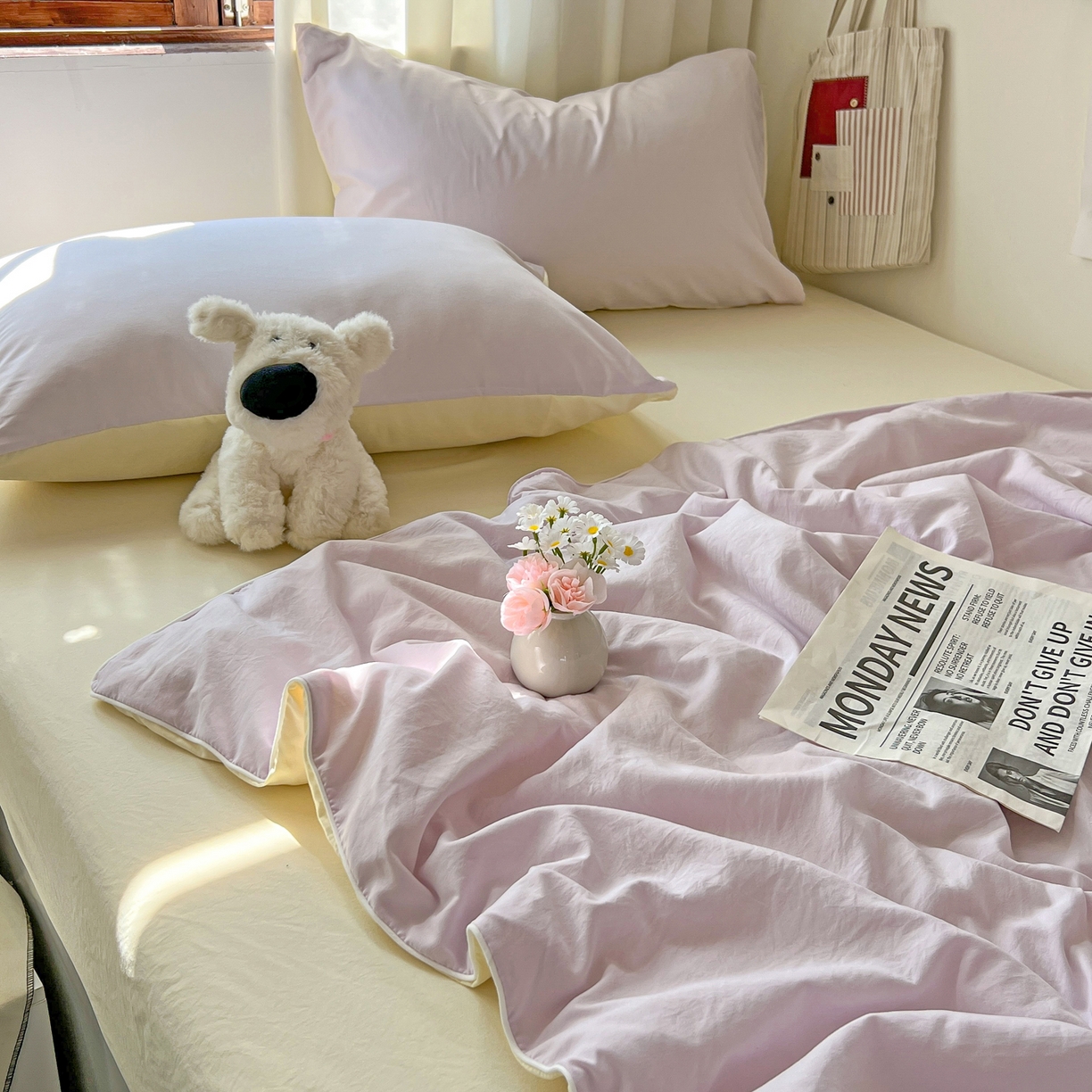 91家纺网 家纺一手货源 找家纺 冕悠家纺 2026春夏新款A类高克重超级无敌柔软水洗棉拼色夏被空调被夏凉被四件套 芝士+幕山紫-夏凉被