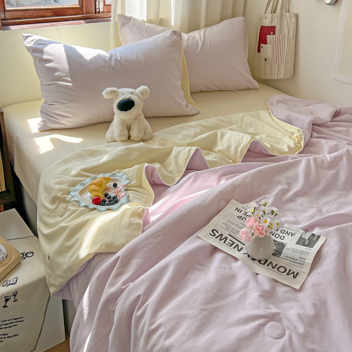 91家纺网 家纺一手货源 找家纺 冕悠家纺 2026春夏新款A类高克重超级无敌柔软水洗棉拼色夏被空调被夏凉被四件套 芝士+幕山紫-夏凉被