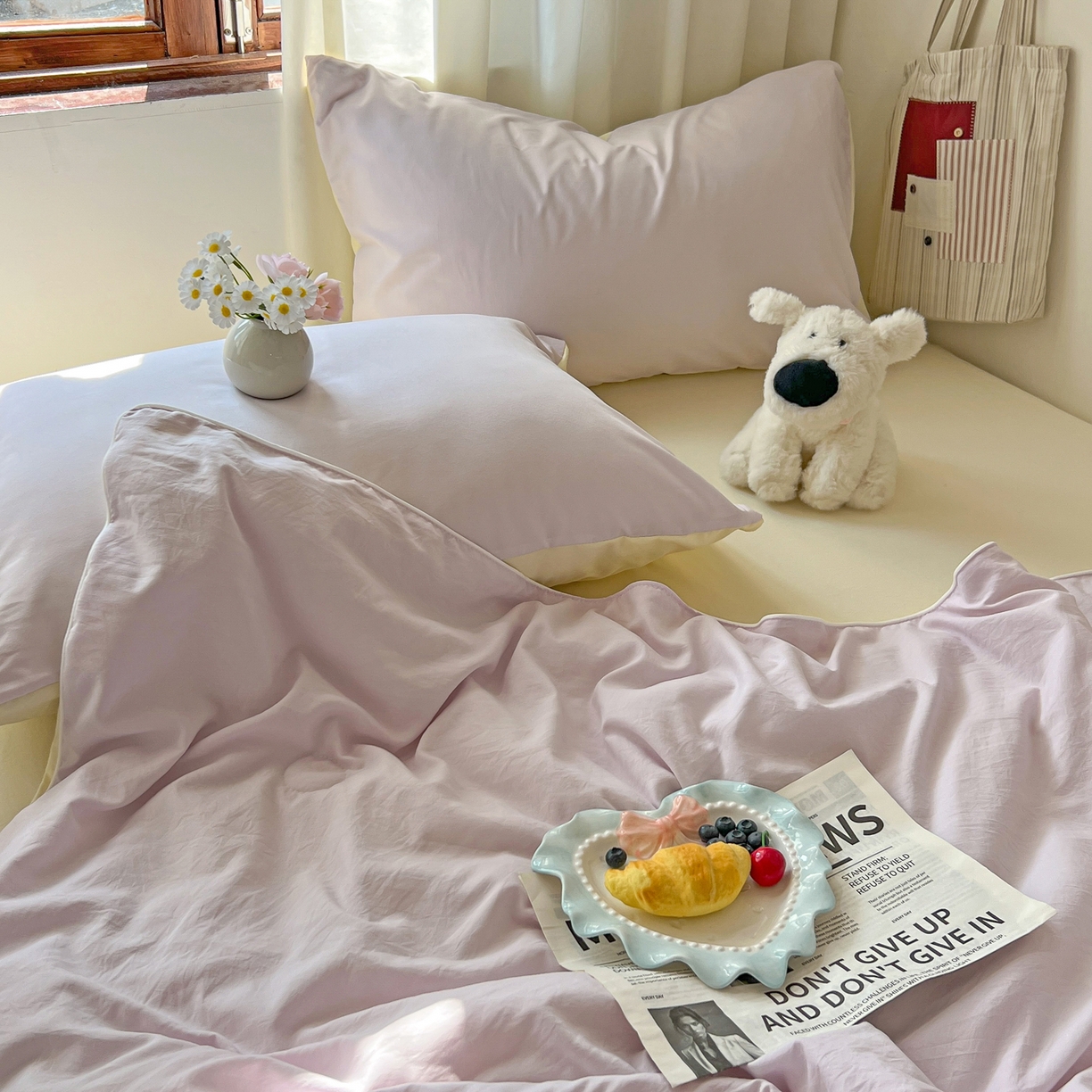 91家纺网 家纺一手货源 找家纺 冕悠家纺 2026春夏新款A类高克重超级无敌柔软水洗棉拼色夏被空调被夏凉被四件套 芝士+幕山紫-夏凉被